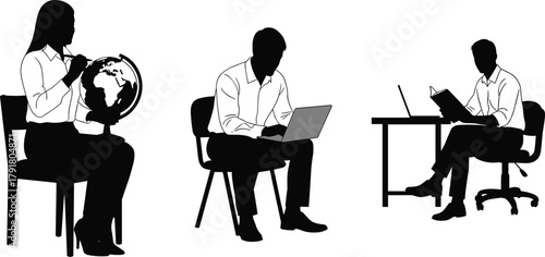 Silhouette education scene with globe, laptop, and notebook, global learning, digital work, academic study, black and white vector illustration for modern knowledge themes