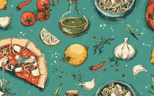 맛있는 이탈리아 음식 일러스트 패턴: 피자, 파스타, 올리브 오일, 토마토, 레몬, 마늘, 고추