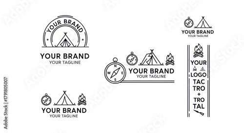 Collection of outdoor adventure and camping themed logo designs.