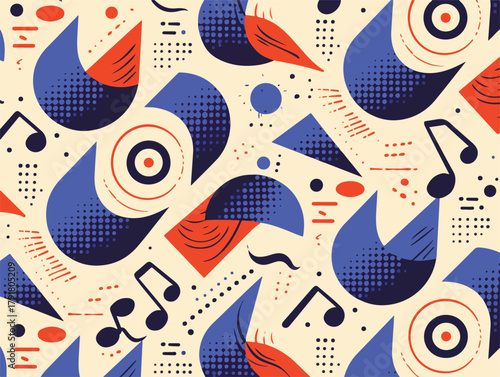 추상적인 기하학적 패턴, 음악 노트와 추상적인 모양이 있는 복고풍 디자인, 벡터 아트
