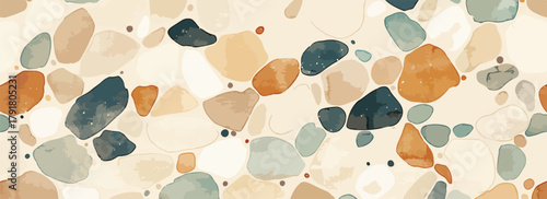 부드러운 파스텔 톤의 테라조 패턴은 다양한 크기와 모양의 추상적인 돌 조각으로 구성되어 있습니다.