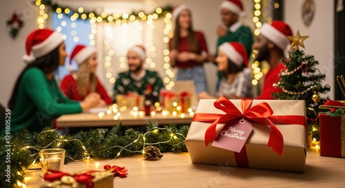 Diverse group of young adult friends wearing Santa hats celebrating a festive Christmas holiday party indoors with gifts and sparkling decorations