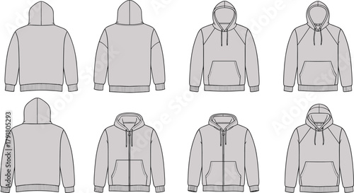  Hoodie technical drawings front and back view, zipper styles, pocket variations, seam details, fashion design mockup, vector clothing template, apparel construction illustration