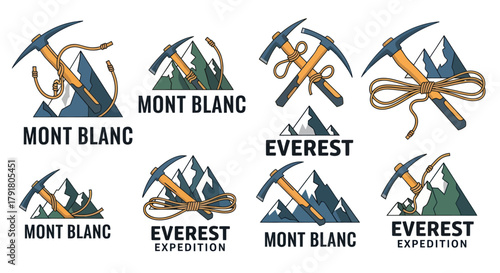 Collection of mountain climbing expedition logos with ice axes and peaks.
