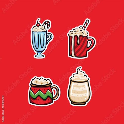 Christmas and New year drink set. Isolated vector illustration on a bold red background.