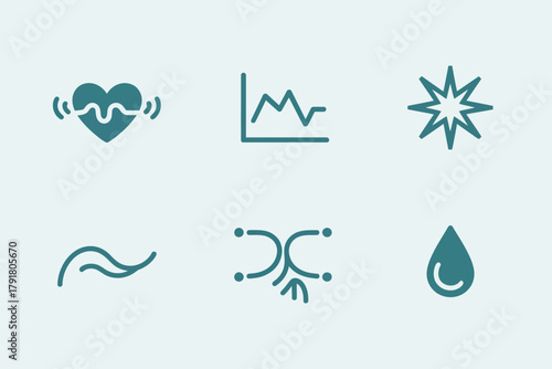 Detailed flat vector icons for health, showing heartbeat, wave, sperm, representing medical testing and reproductive science,