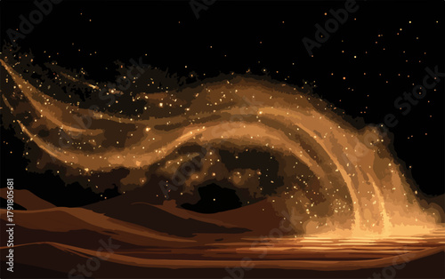 황금빛 모래 바람이 사막의 밤하늘 아래 부드럽게 춤추는 모습