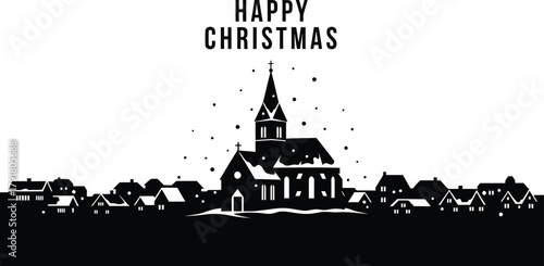 Happy christmas village silhouette illustration with church and houses