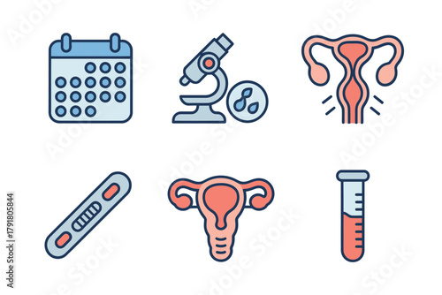 Detailed flat vector icons for ivf, showing calendar, embryo, test tube, representing reproductive health and medical research,