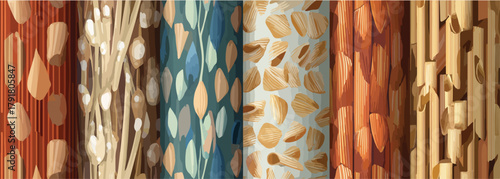 다양한 패턴과 질감의 수직 텍스처 롤이 나란히 배열되어 있어 시각적으로 풍부한 배경을 연출합니다.