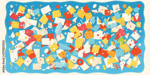 다채로운 색상의 종이 조각과 편지가 파란 배경에 흩날리는 재미있는 패턴