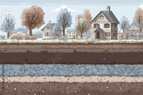 가을 풍경 속 전원 주택 단지와 지하 지층 단면도를 보여주는 벡터 일러스트레이션