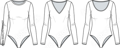 Women’s bodysuit flat sketch, technical fashion drawing, long sleeve design, CAD vector template, apparel illustration, neckline variation garment silhouette