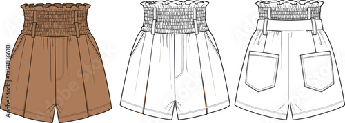 Women’s high waisted smocked shorts flat sketch, front and back technical drawing, pocket detail apparel design, fashion clothing CAD vector illustration