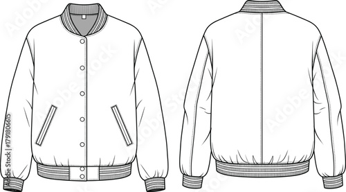 Women’s bomber jacket flat sketch, technical fashion drawing, front back view, CAD vector template, apparel design illustration, outerwear garment silhouette