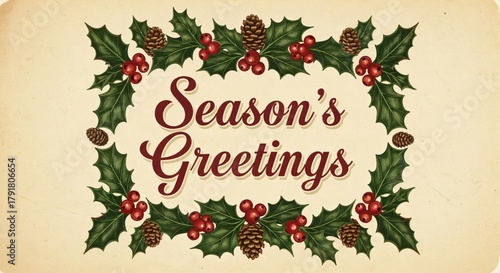 Vintage Season's Greetings card with holly and pinecone border on a rustic background, perfect for holiday messages and festive designs
