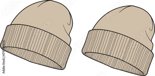 Women’s knit beanie flat sketch, technical fashion drawing, CAD vector template, apparel design illustration, ribbed cuff winter hat silhouette