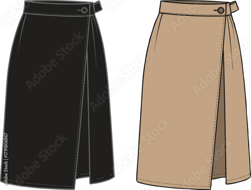 Women’s knee length wrap skirt flat sketch, button closure waistband technical drawing, tailored fashion apparel design, clothing CAD vector illustration template