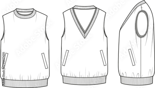 Women’s ruffle dress flat sketch, asymmetrical high low hem, puff sleeve V-neck, technical fashion drawing, CAD vector template illustration