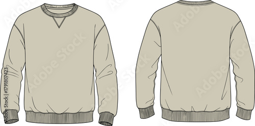 Beige crewneck sweatshirt front and back view, dark ribbed cuffs, neckline, waistband, casual fashion, vector apparel mockup, minimalist clothing design illustration