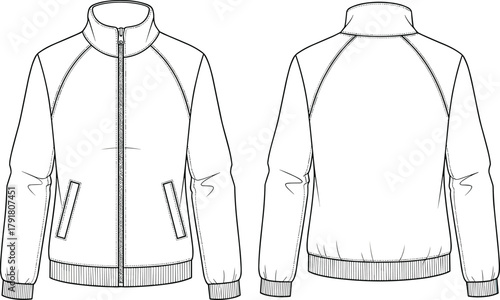 Women’s ruffle dress flat sketch, asymmetrical high low hem, puff sleeve V-neck, technical fashion drawing, CAD vector template illustration