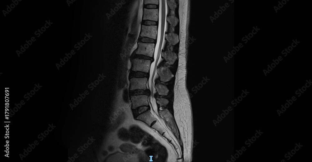 Obraz premium MRI of lumbar spine showing vertebrae, intervertebral discs and spinal cord. Sagittal view magnetic resonance imaging for diagnostic examination of lower back and spine anatomy