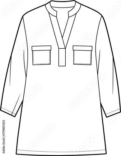 Women’s tunic top flat sketch, long sleeve fashion CAD, v neck vector, patch pocket illustration, placket design drawing, technical garment template