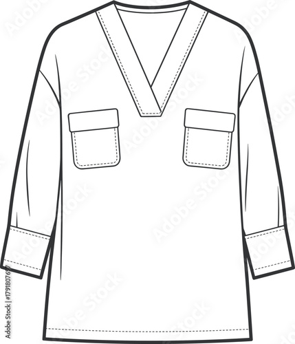 Women’s tunic top flat sketch, long sleeve fashion CAD, v neck vector, patch pocket illustration, technical garment drawing, clothing design template