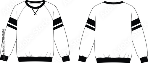 White sweatshirt front and back view, black collar, cuffs, waistband, sleeve stripes, X stitch detail, casual fashion mockup, vector clothing design illustration