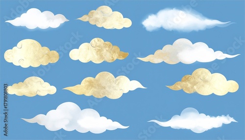 金色の筆書きの雲のイラスト素材セット　飾り　装飾　和風　デザイン