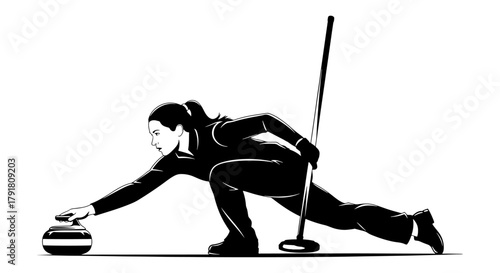 Curling player delivering stone