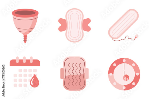 Detailed flat vector icons for period care, showing cup, pad, calendar, representing feminine hygiene and reproductive health,