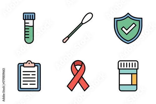 Flat color icons for health care, illustrating checklist, tubes, ribbons, representing medical testing, sickness, and treatment,