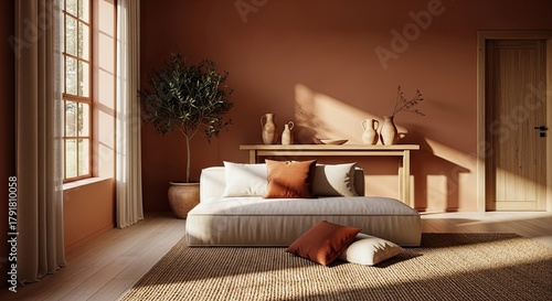 Serene modern living room sanctuary bathed in warm natural sunlight, featuring a plush sofa, terracotta accents, and a calming minimalist aesthetic perfect for lifestyle content.