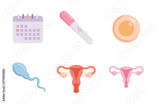Flat vector icons for gynecology, featuring calendar, ovum, uterus, representing fertility, health, and medical science,