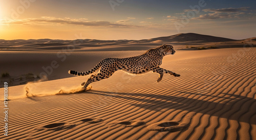 Fototapeta Naklejka Na Ścianę i Meble -  Majestic cheetah sprints across golden desert dunes at sunset, embodying speed and freedom in the wild African landscape, perfect for travel adventure ads