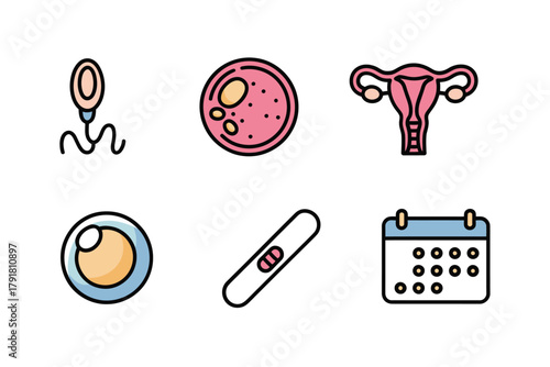 Detailed flat vector icons for women's health, showing calendar, ovum, uterus, representing fertility, health, and research,