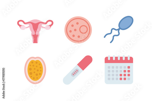 Flat color icons for gynecology, illustrating ovum, sperm, uterus, representing fertility, health, and medical science,