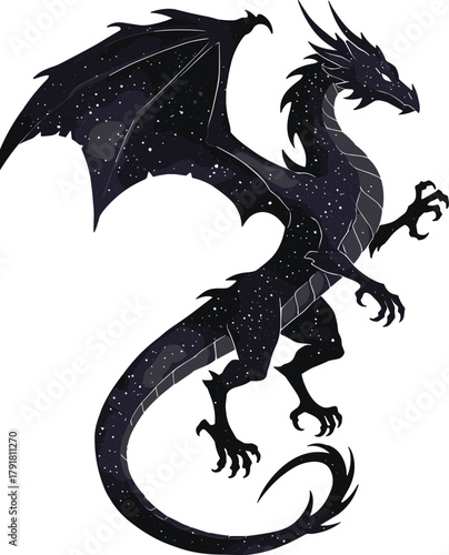 Black cosmic dragon illustration, fantasy creature art, night sky design, mythical beast, celestial stars, dark fantasy animal, magic concept vector