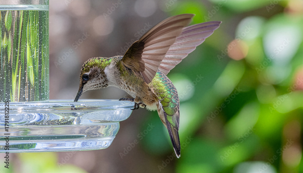 Fototapeta premium Green Hummingbird Drinking from Feeder in Garden