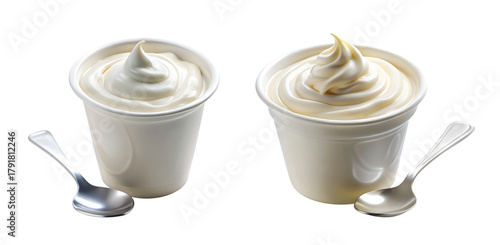 Yogurt Cup and Spoon Display: Open cup of creamy white yogurt with silver spoon dipped inside, swirl texture visible, PNG format.