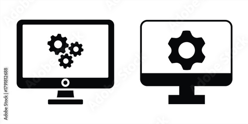 Set of desktop monitor icons with gear symbols. Computer system setup and configuration concept, vector illustration.