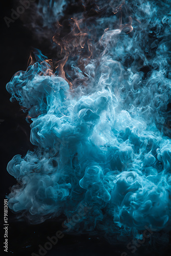 Blue flame on black background with smoke and reflection, close-up of burning blue fire and white flames, abstract dynamic light concept for design