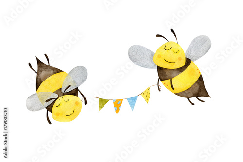 Cute bees holding a festive garland. Composition isolated on white background. Watercolor illustration for children design, wallpaper, kids poster.