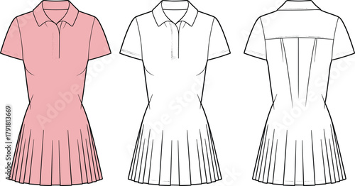 Short sleeve dress technical sketch, pleated skirt design, front back view, button placket, collar detail, fashion template, pink apparel illustration
