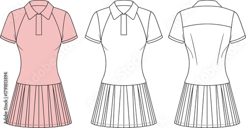 Short sleeve polo dress sketch, pleated skirt design, front back view, princess seam, collar detail, fashion template, pink apparel illustration