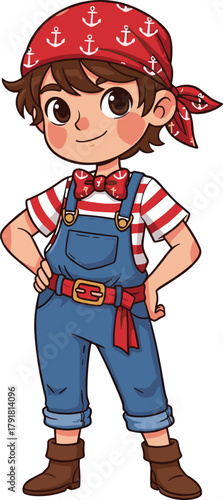 Cartoon child in pirate costume with anchor bandana, striped shirt, overalls and boots, playful character for kids, party, and adventure themes