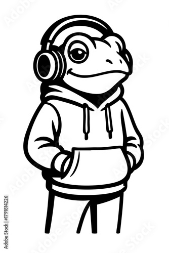 frog wearing headphones and hoodie in relaxed urban pose