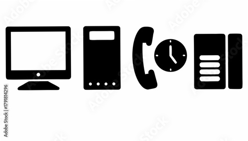 Streamlined office equipment icons for modern business communication needs, showcasing computer, server, phone and clock for time management in a digital workspace