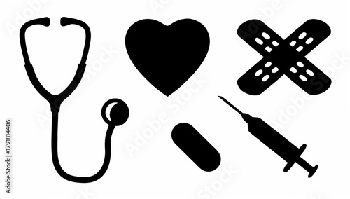 Medical health icons collection: Stethoscope, heart, bandage, pills, and syringe for healthcare services, wellness, and medical supplies in a modern design
